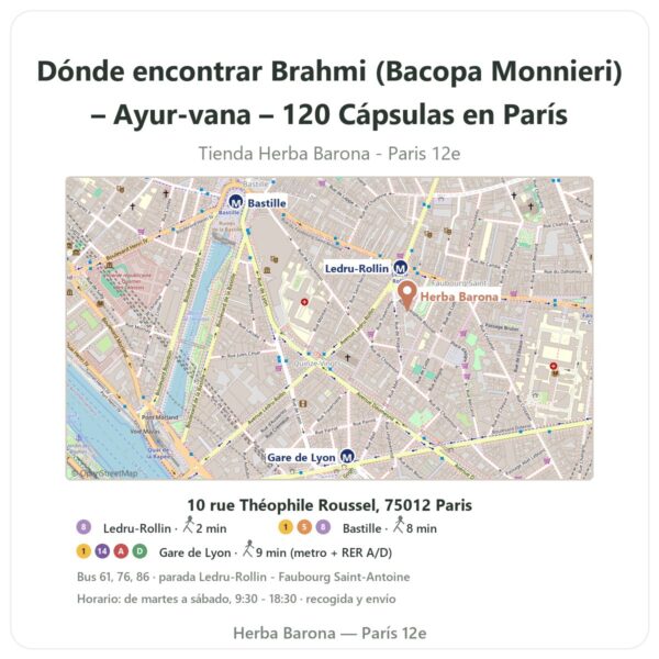 Dónde encontrar Brahmi (Bacopa Monnieri) – Ayur-vana – 120 Cápsulas en París - plano de la tienda Herba Barona Paris 12e