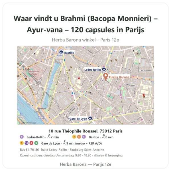 Waar vindt u Brahmi (Bacopa Monnieri) – Ayur-vana – 120 capsules in Parijs - winkelplattegrond Herba Barona Paris 12e