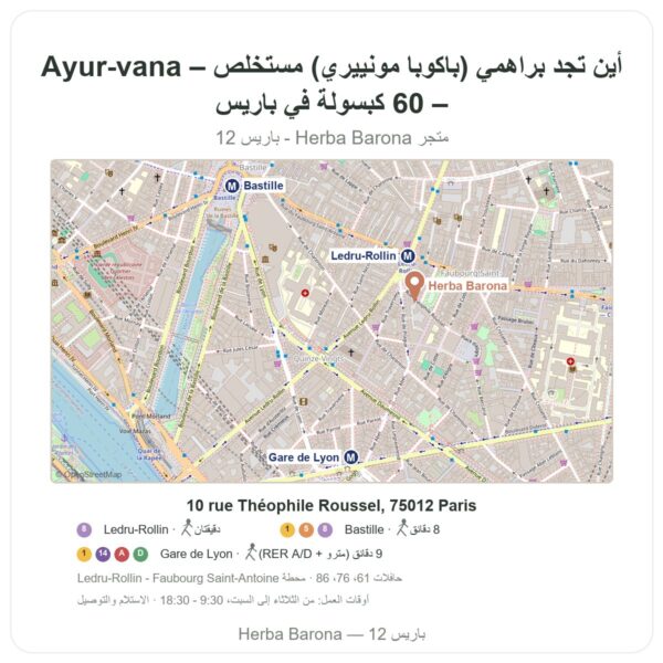أين تجد براهمي (باكوبا مونييري) مستخلص – Ayur-vana – 60 كبسولة في باريس - خريطة المتجر Herba Barona Paris 12e