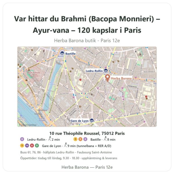 Var hittar du Brahmi (Bacopa Monnieri) – Ayur-vana – 120 kapslar i Paris - butikskarta Herba Barona Paris 12e