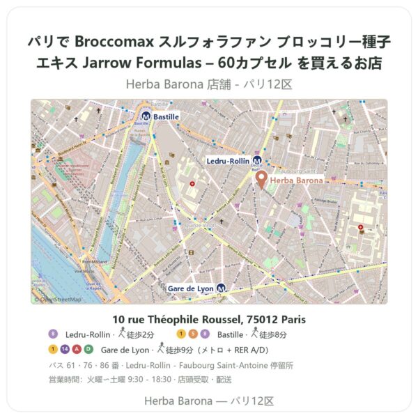 Where to find Broccomax スルフォラファン ブロッコリー種子エキス Jarrow Formulas – 60カプセル in Paris - store map Herba Barona Paris 12e