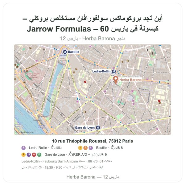 أين تجد بروكوماكس سولفورافان مستخلص بروكلي – Jarrow Formulas – 60 كبسولة في باريس - خريطة المتجر Herba Barona Paris 12e