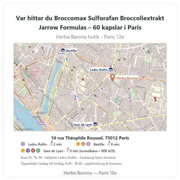 Var hittar du Broccomax Sulforafan Broccoliextrakt Jarrow Formulas – 60 kapslar i Paris - butikskarta Herba Barona Paris 12e