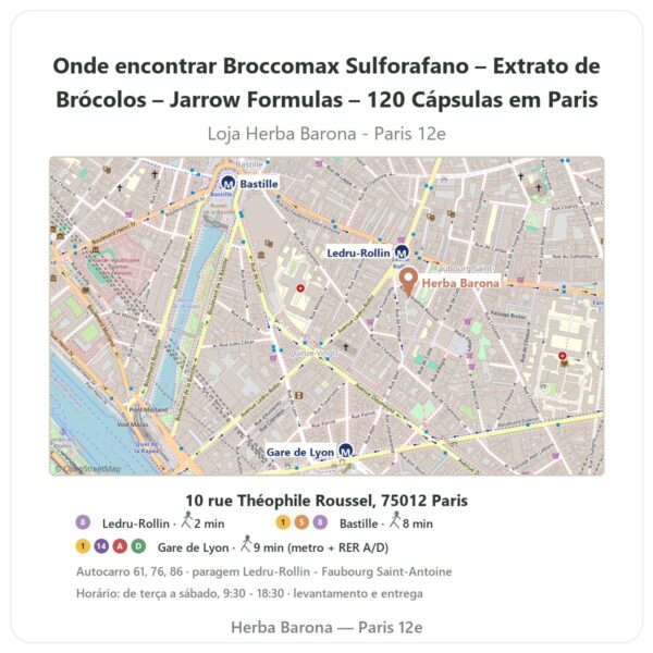 Onde encontrar Broccomax Sulforafano – Extrato de Brócolos – Jarrow Formulas – 120 Cápsulas em Paris - mapa da loja Herba Barona Paris 12e