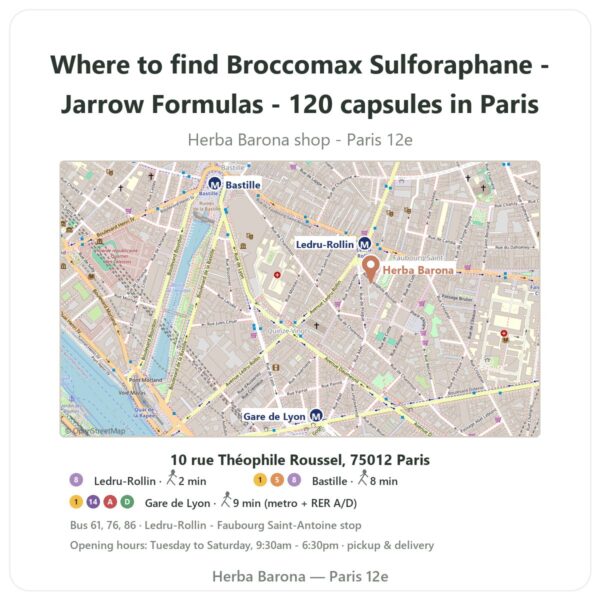 Where to find Broccomax Sulforaphane - Jarrow Formulas - 120 capsules in Paris - store map Herba Barona Paris 12e