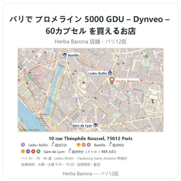 Where to find ブロメライン 5000 GDU – Dynveo – 60カプセル in Paris - store map Herba Barona Paris 12e