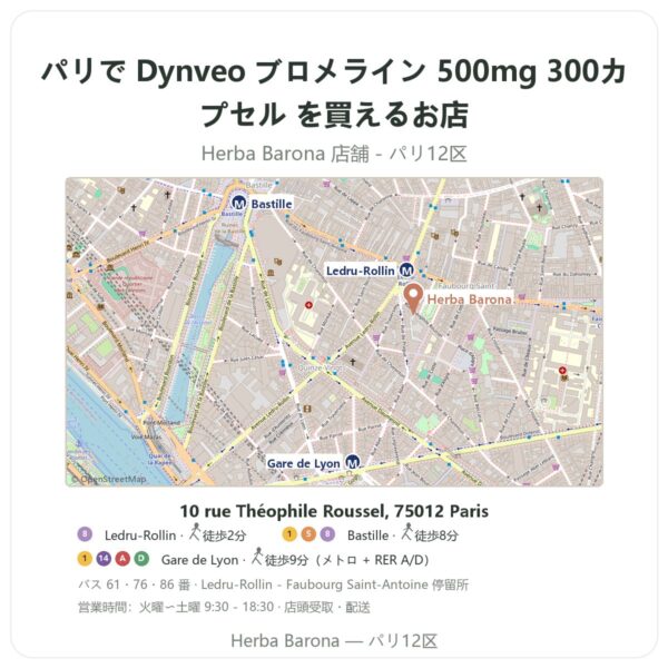 Where to find Dynveo ブロメライン 500mg 300カプセル in Paris - store map Herba Barona Paris 12e