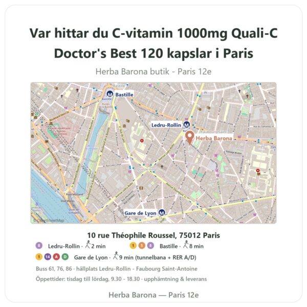 Var hittar du C-vitamin 1000mg Quali-C Doctor's Best 120 kapslar i Paris - butikskarta Herba Barona Paris 12e