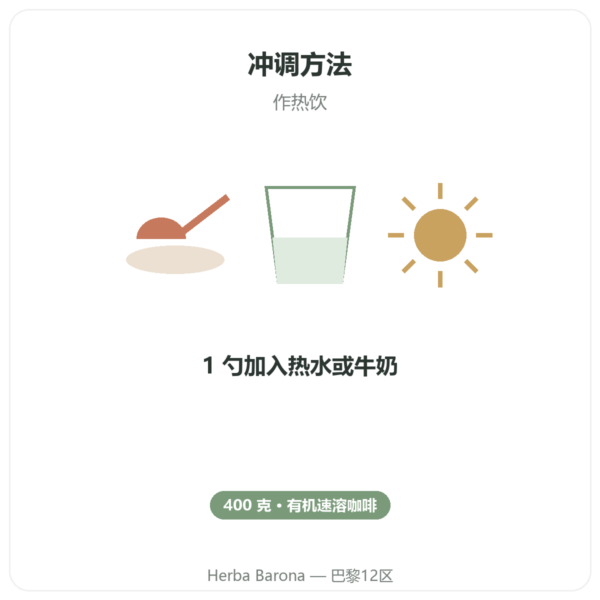 Chi Café 有机速溶 Dr Jacob's 400 g 使用方法与建议剂量 Paris Herba Barona