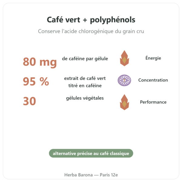 Caféine Naturelle Nutrimuscle 80 mg par gélule 30 gélules café vert polyphénols Paris Herba Barona