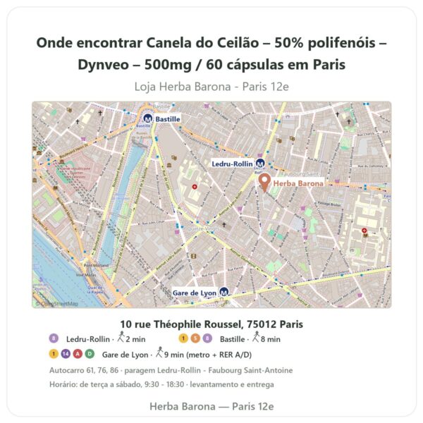 Onde encontrar Canela do Ceilão – 50% polifenóis – Dynveo – 500mg / 60 cápsulas em Paris - mapa da loja Herba Barona Paris 12e