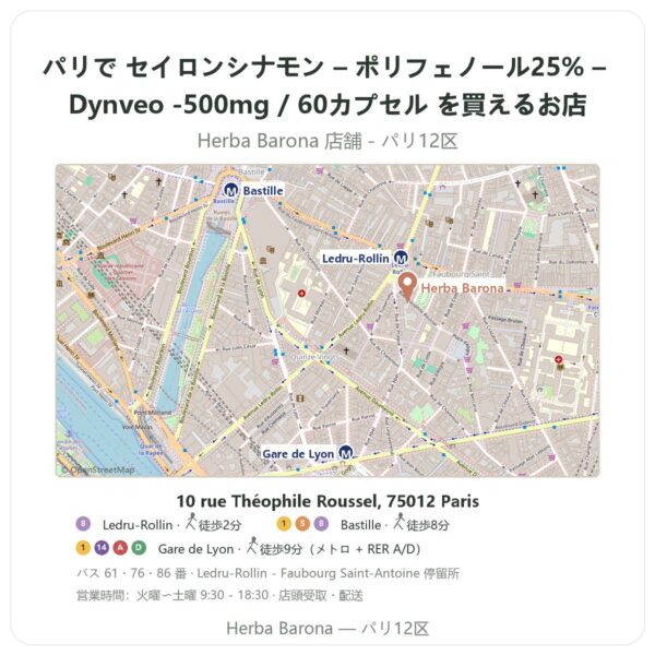 Where to find セイロンシナモン – ポリフェノール25% – Dynveo -500mg / 60カプセル in Paris - store map Herba Barona Paris 12e