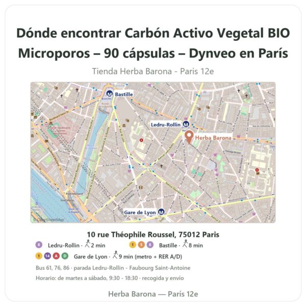 Dónde encontrar Carbón Activo Vegetal BIO Microporos – 90 cápsulas – Dynveo en París - plano de la tienda Herba Barona Paris 12e