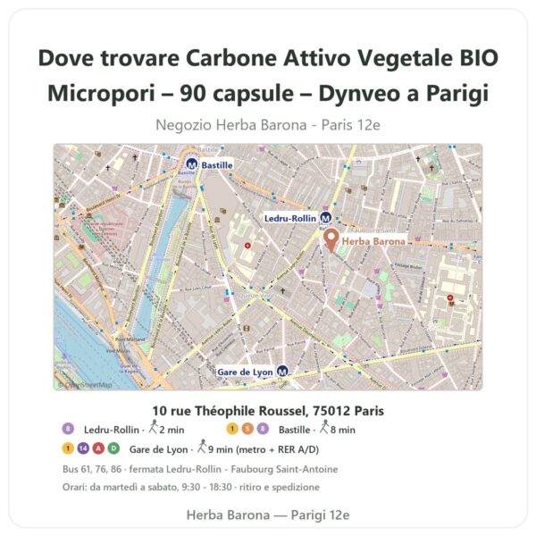 Dove trovare Carbone Attivo Vegetale BIO Micropori – 90 capsule – Dynveo a Parigi - mappa del negozio Herba Barona Paris 12e