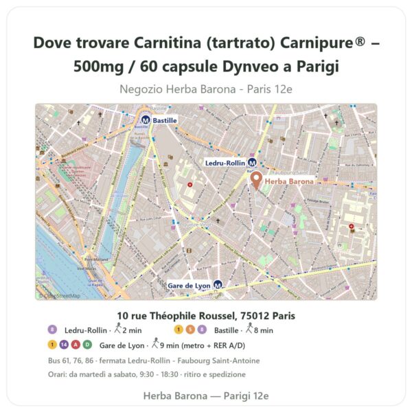 Dove trovare Carnitina (tartrato) Carnipure® – 500mg / 60 capsule Dynveo a Parigi - mappa del negozio Herba Barona Paris 12e