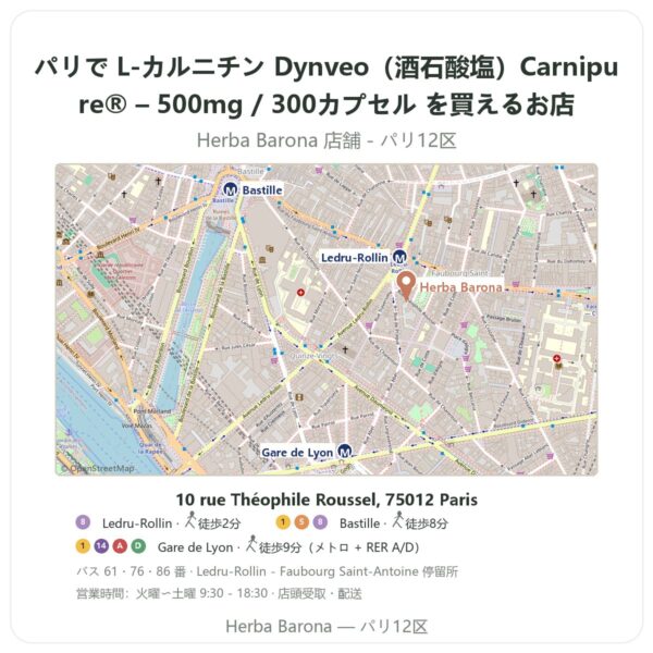 Where to find L-カルニチン Dynveo(酒石酸塩)Carnipure® – 500mg / 300カプセル in Paris - store map Herba Barona Paris 12e
