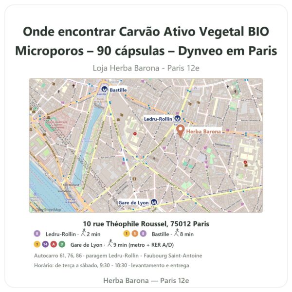 Onde encontrar Carvão Ativo Vegetal BIO Microporos – 90 cápsulas – Dynveo em Paris - mapa da loja Herba Barona Paris 12e