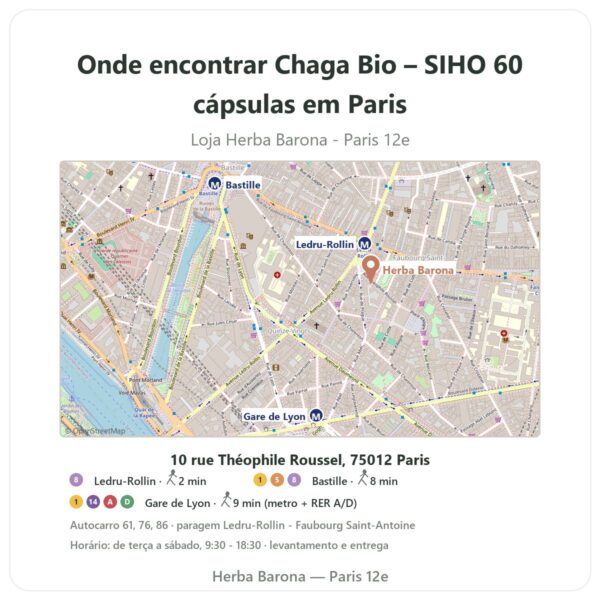 Onde encontrar Chaga Bio – SIHO 60 cápsulas em Paris - mapa da loja Herba Barona Paris 12e