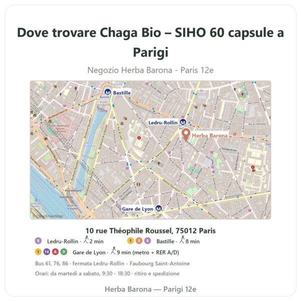 Dove trovare Chaga Bio – SIHO 60 capsule a Parigi - mappa del negozio Herba Barona Paris 12e