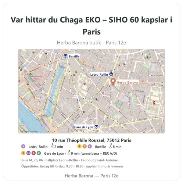 Var hittar du Chaga EKO – SIHO 60 kapslar i Paris - butikskarta Herba Barona Paris 12e
