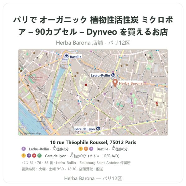 Where to find オーガニック 植物性活性炭 ミクロポア – 90カプセル – Dynveo in Paris - store map Herba Barona Paris 12e