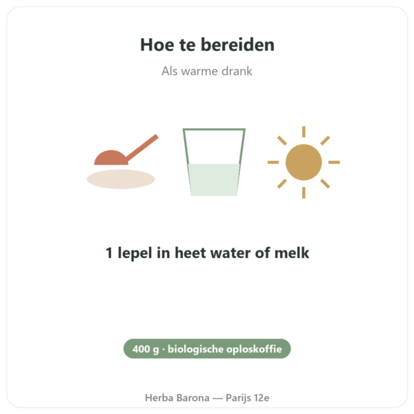 Chi Café BIO Oploskoffie Dr Jacob's 400 g gebruiksaanwijzing en dosering Paris Herba Barona