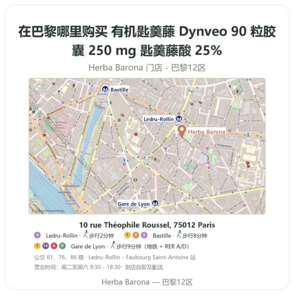 有机匙羹藤 Dynveo 90 粒胶囊 250 mg 匙羹藤酸 25% 巴黎哪里能买到 - 门店地图 Herba Barona Paris 12e