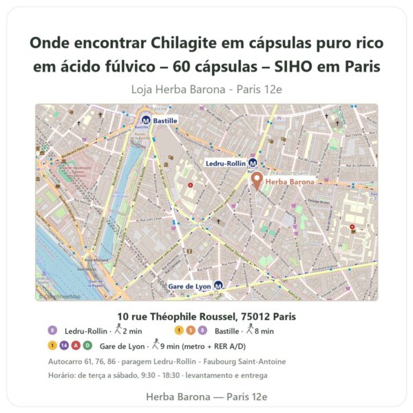 Onde encontrar Chilagite em cápsulas puro rico em ácido fúlvico – 60 cápsulas – SIHO em Paris - mapa da loja Herba Barona Paris 12e