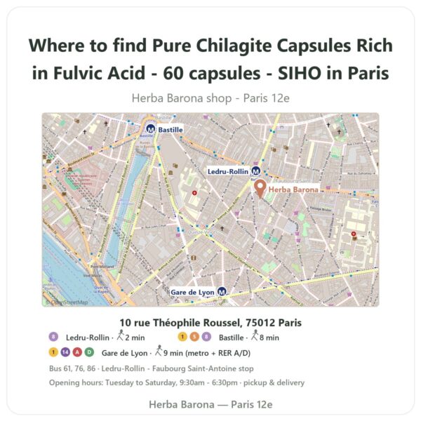 Where to find Pure Chilagite Capsules Rich in Fulvic Acid - 60 capsules - SIHO in Paris - store map Herba Barona Paris 12e
