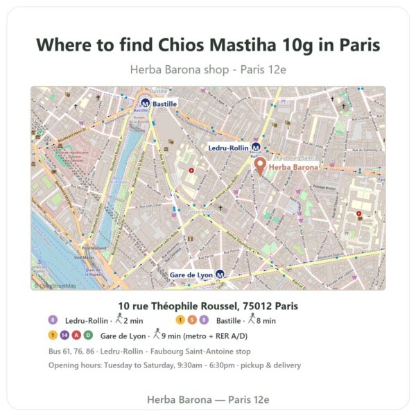 Where to find Chios Mastiha 10g in Paris - store map Herba Barona Paris 12e