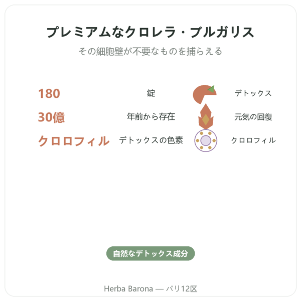 クロレラ – Flamant Vert – 180粒 benefits and key facts Paris Herba Barona