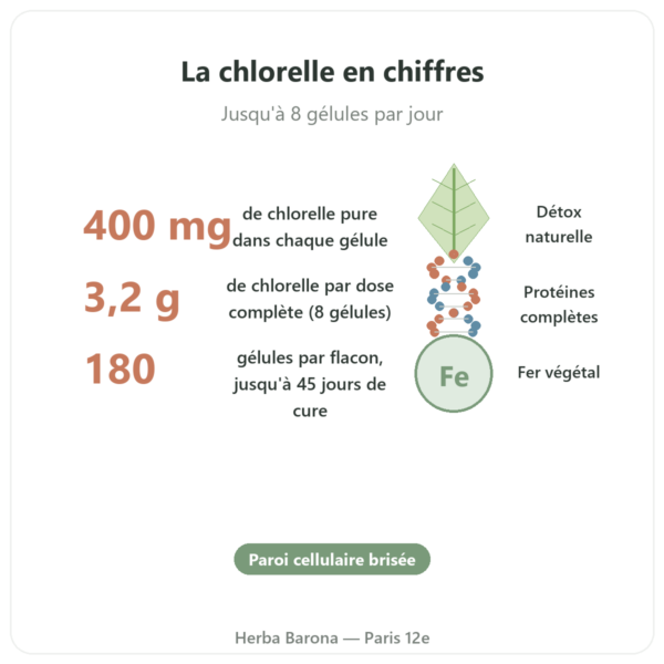 Chlorelle France 180 gelules 400 mg Flamant Vert bienfaits et chiffres Paris Herba Barona