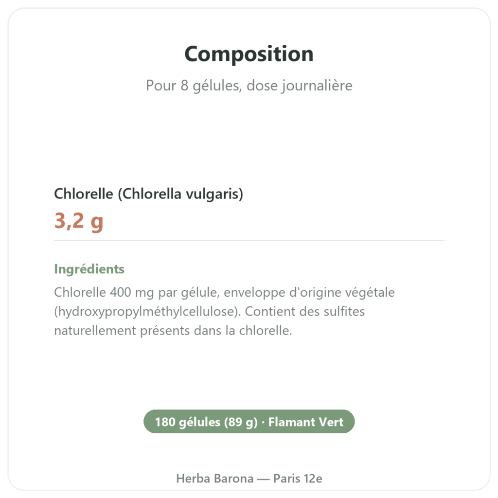 Chlorelle France 180 gelules 400 mg Flamant Vert composition valeurs nutritionnelles Paris Herba Barona