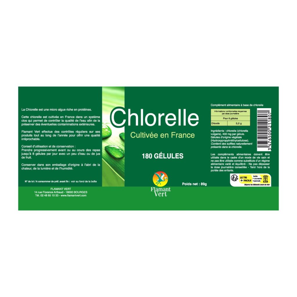 Étiquette Chlorelle France 180 gélules Flamant Vert composition Paris Herba Barona