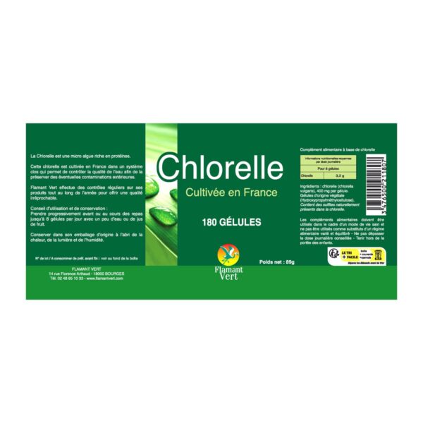Étiquette Chlorelle France 180 gélules Flamant Vert composition Paris Herba Barona