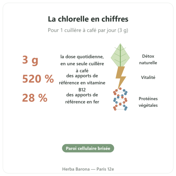 Chlorelle poudre 100 g Flamant Vert bienfaits et chiffres Paris Herba Barona