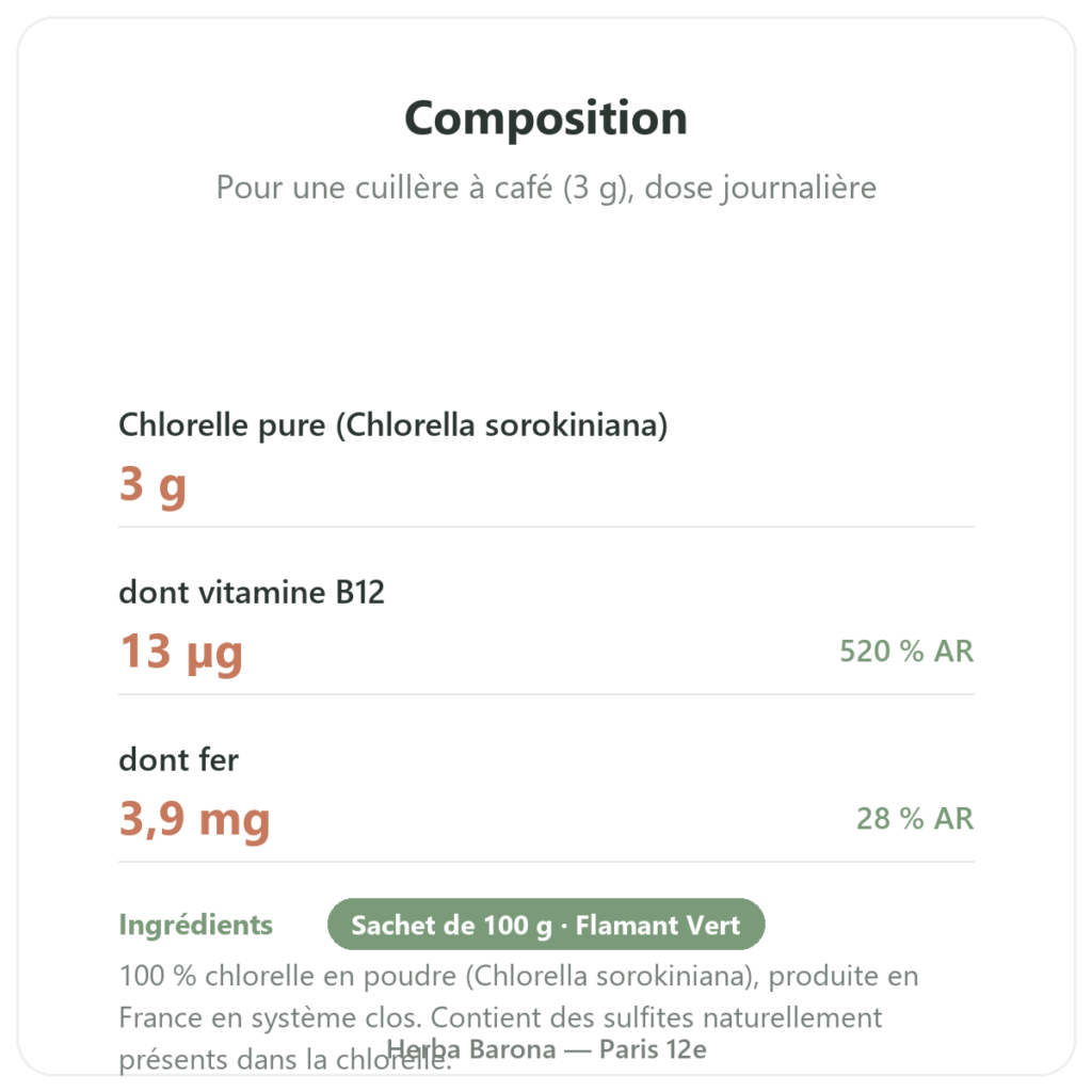 Chlorelle poudre 100 g Flamant Vert composition valeurs nutritionnelles Paris Herba Barona