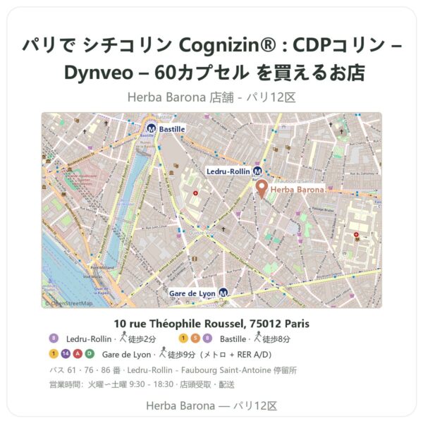 Where to find シチコリン Cognizin® : CDPコリン – Dynveo – 60カプセル in Paris - store map Herba Barona Paris 12e
