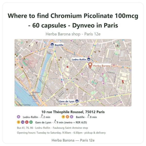 Where to find Chromium Picolinate 100mcg - 60 capsules - Dynveo in Paris - store map Herba Barona Paris 12e