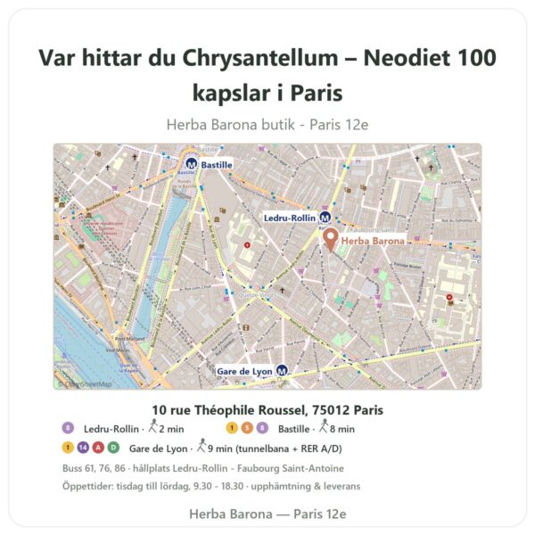 Var hittar du Chrysantellum – Neodiet 100 kapslar i Paris - butikskarta Herba Barona Paris 12e