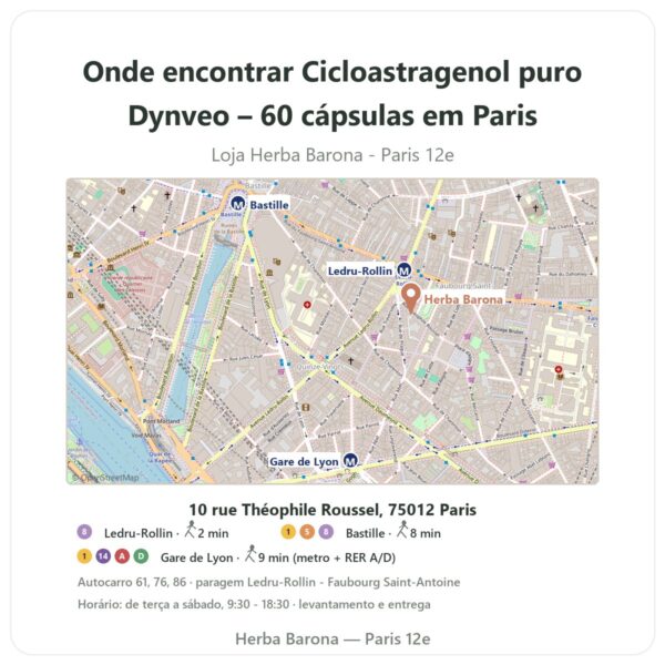 Onde encontrar Cicloastragenol puro Dynveo – 60 cápsulas em Paris - mapa da loja Herba Barona Paris 12e