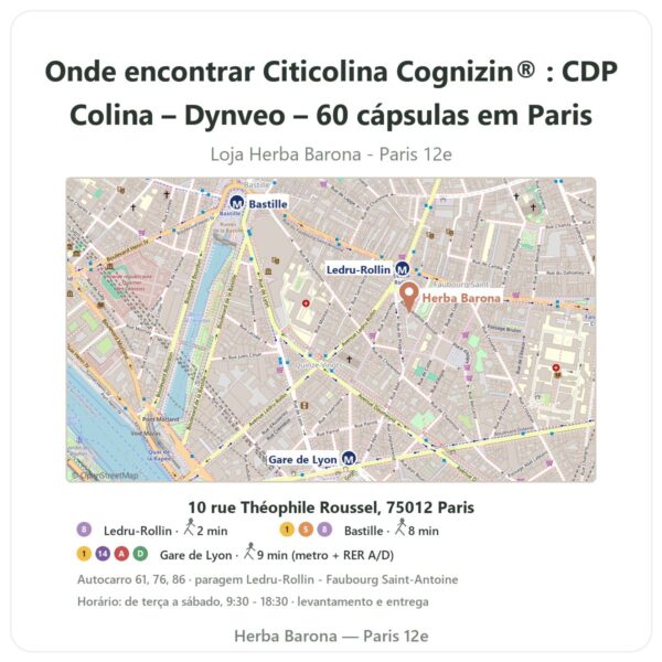 Onde encontrar Citicolina Cognizin® : CDP Colina – Dynveo – 60 cápsulas em Paris - mapa da loja Herba Barona Paris 12e