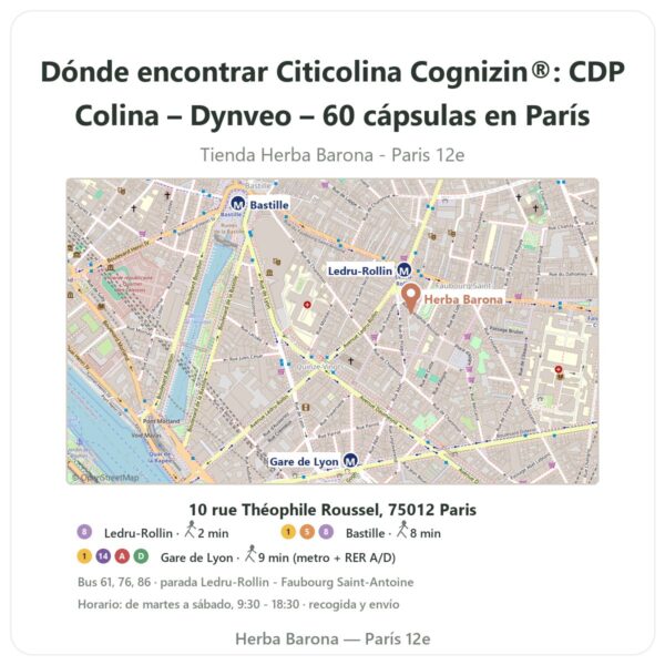 Dónde encontrar Citicolina Cognizin®: CDP Colina – Dynveo – 60 cápsulas en París - plano de la tienda Herba Barona Paris 12e