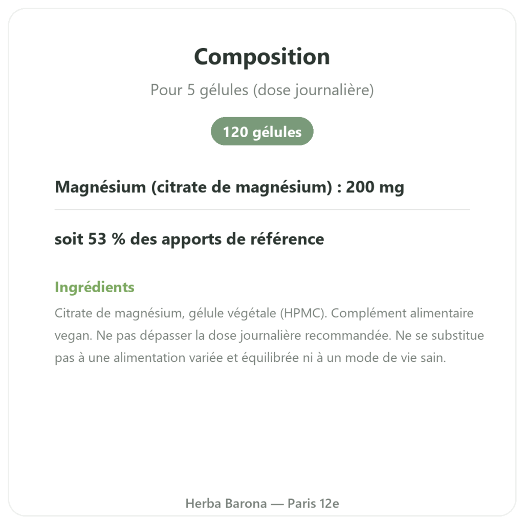 Citrate de Magnesium 120 gelules Nutrimuscle composition valeurs nutritionnelles Paris Herba Barona