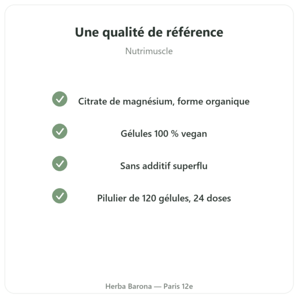 Citrate de Magnesium 120 gelules Nutrimuscle qualite et garanties Paris Herba Barona