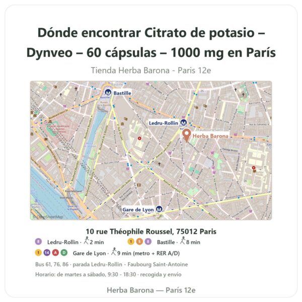 Dónde encontrar Citrato de potasio – Dynveo – 60 cápsulas – 1000 mg en París - plano de la tienda Herba Barona Paris 12e