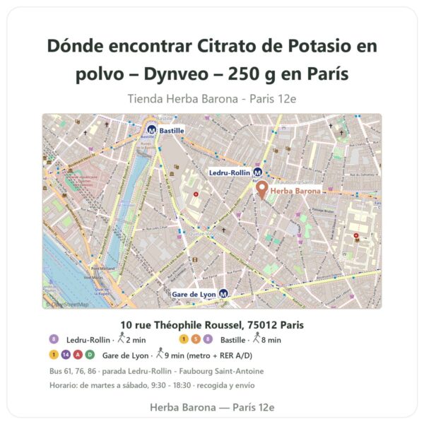 Dónde encontrar Citrato de Potasio en polvo – Dynveo – 250 g en París - plano de la tienda Herba Barona Paris 12e