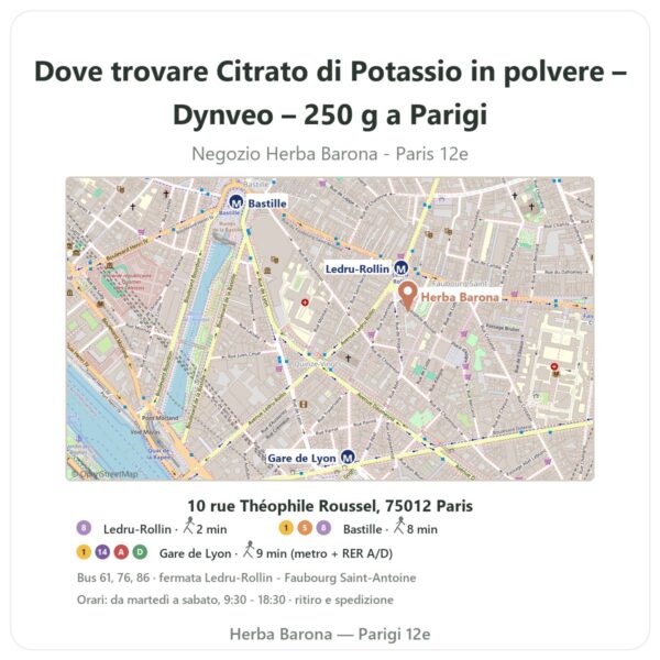 Dove trovare Citrato di Potassio in polvere – Dynveo – 250 g a Parigi - mappa del negozio Herba Barona Paris 12e
