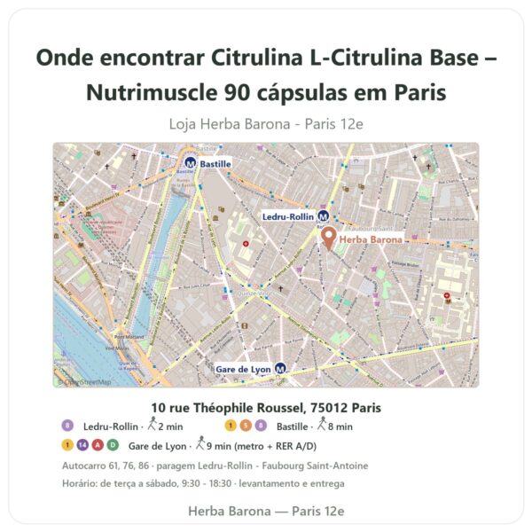 Onde encontrar Citrulina L-Citrulina Base – Nutrimuscle 90 cápsulas em Paris - mapa da loja Herba Barona Paris 12e