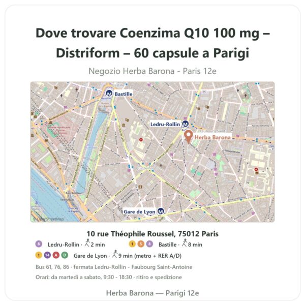 Dove trovare Coenzima Q10 100 mg – Distriform – 60 capsule a Parigi - mappa del negozio Herba Barona Paris 12e